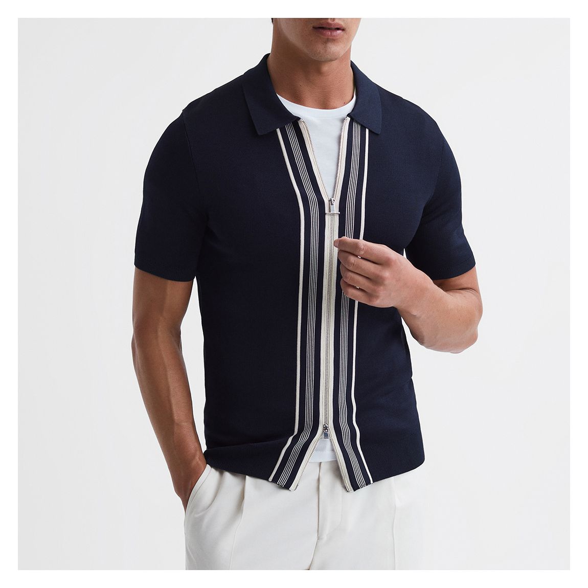 Navy Castleton Zip Through Cotton Blend Polo Shirt main product photo