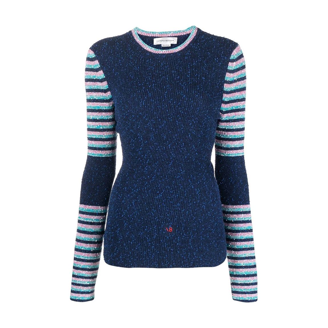 Navy Striped Sleeve Cotton Blend Top main product photo