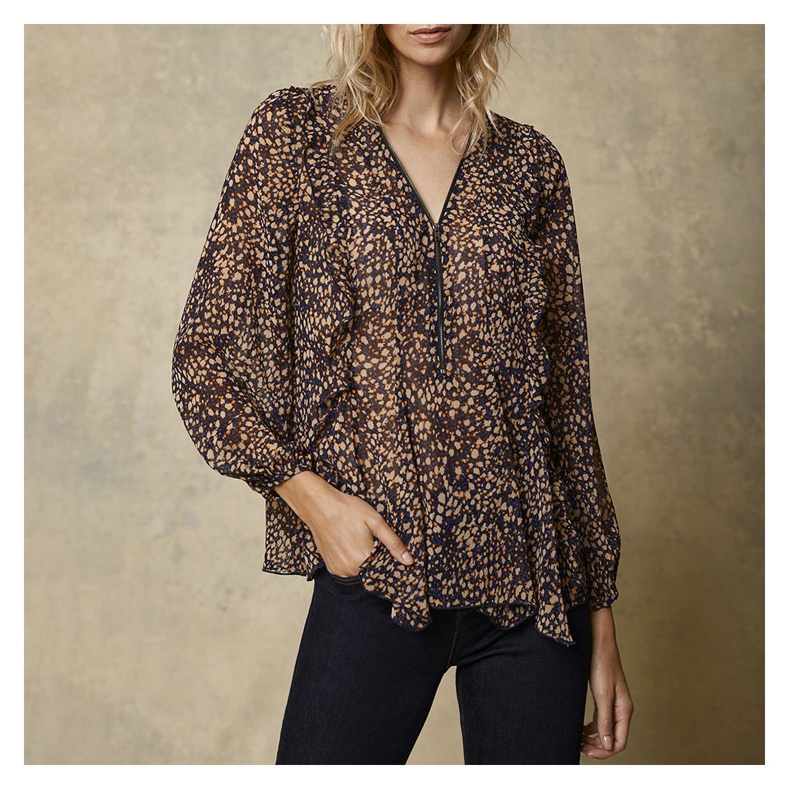 Multi Print Ruffled V Neck Top main product photo
