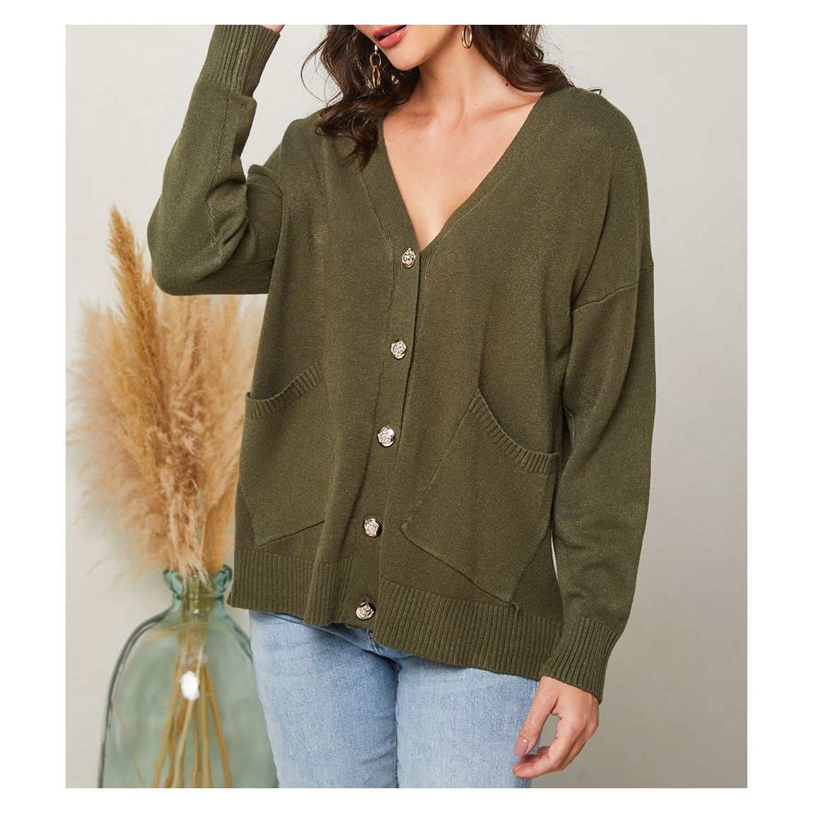 Khaki V-Neck Cashmere Blend Cardigan main product photo