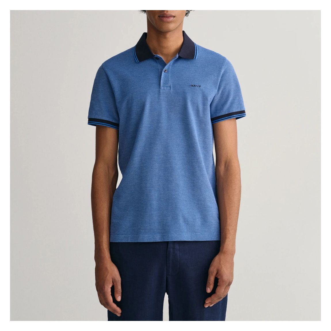 Mid Blue Oxford Pique Cotton Polo Shirt main product photo