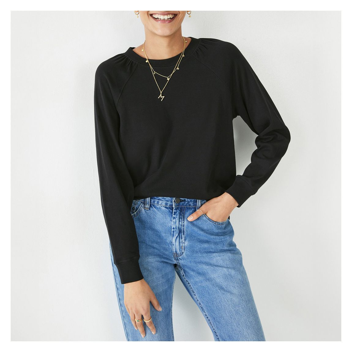 Black Genevieve Raglan Gathered Sleeve Top main product photo