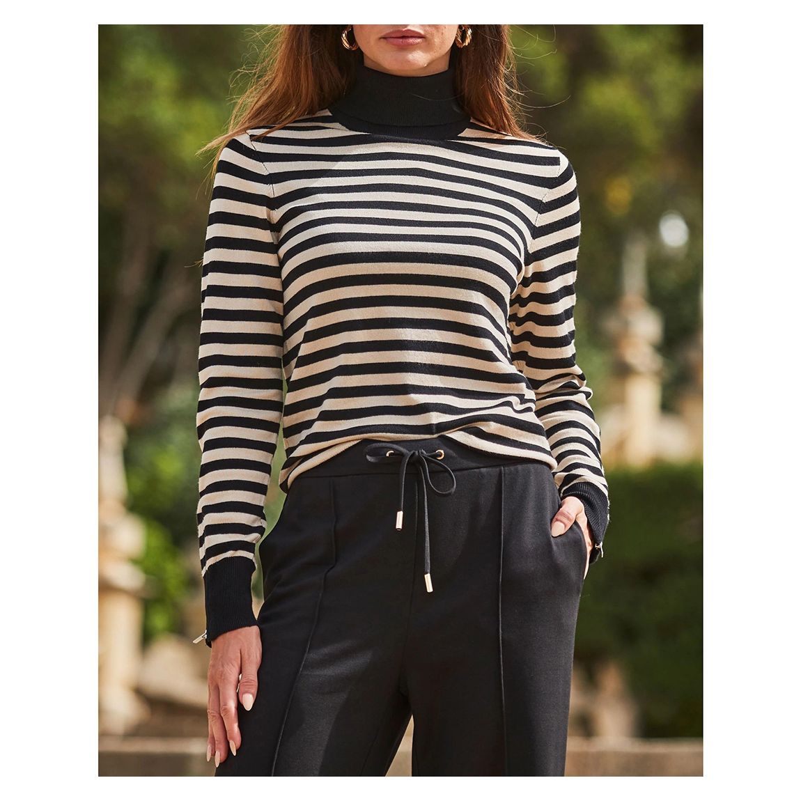 Black/Cream Stripe Print Roll Neck Gold Zip Detail Jumper main product photo