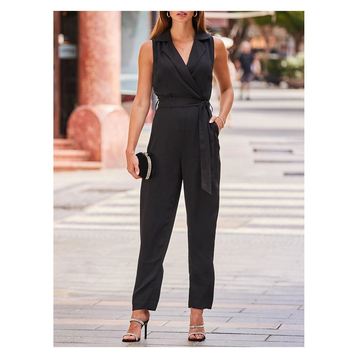 Black Tuxedo Wrap Front Belted Jumpsuit With Pockets main product photo