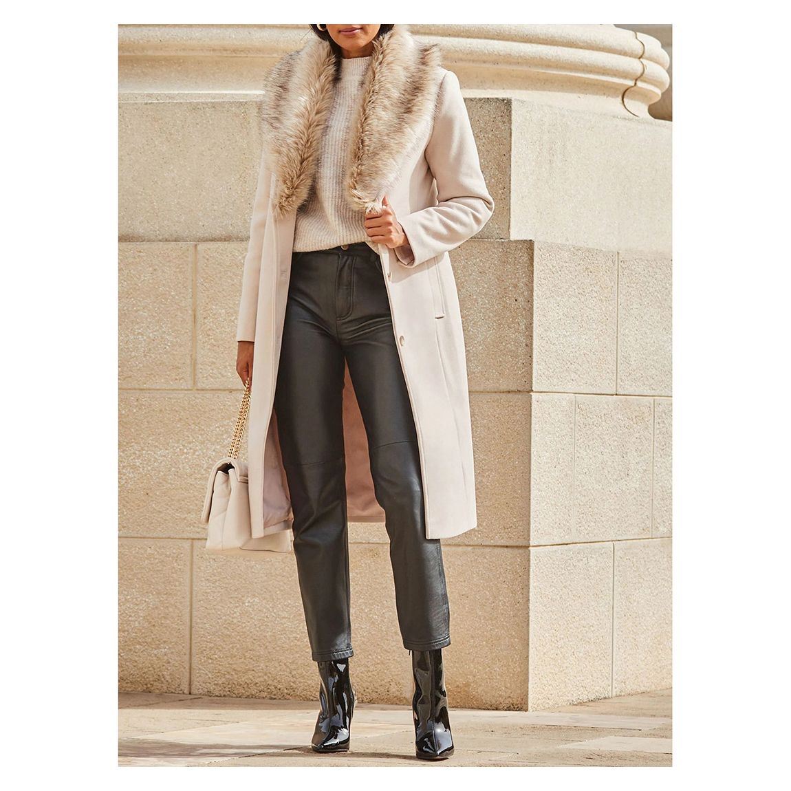 Oatmeal Faux Fur Shawl Collar Longline Coat main product photo