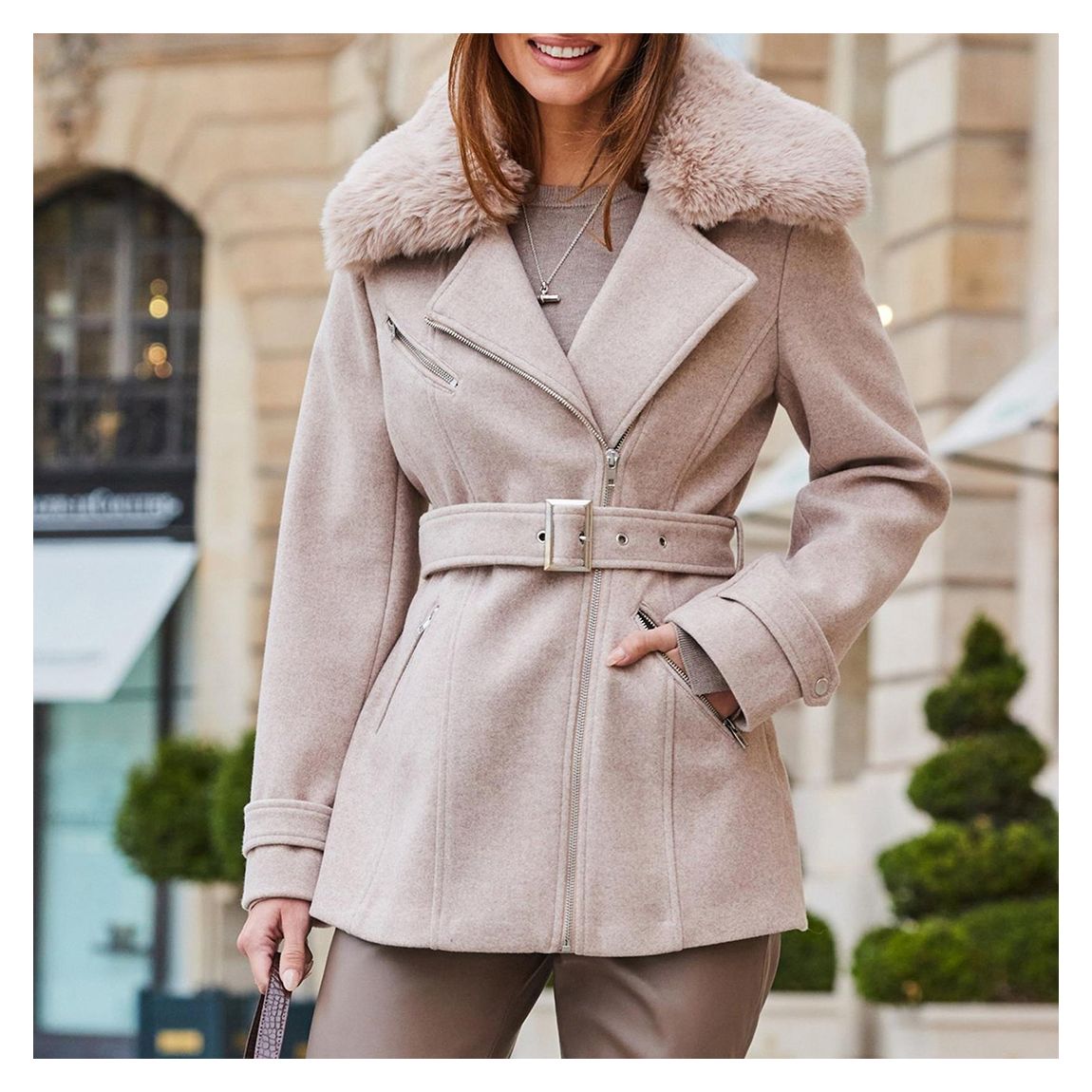 Natural Wool Mix Coat With Faux Fur Collar main product photo