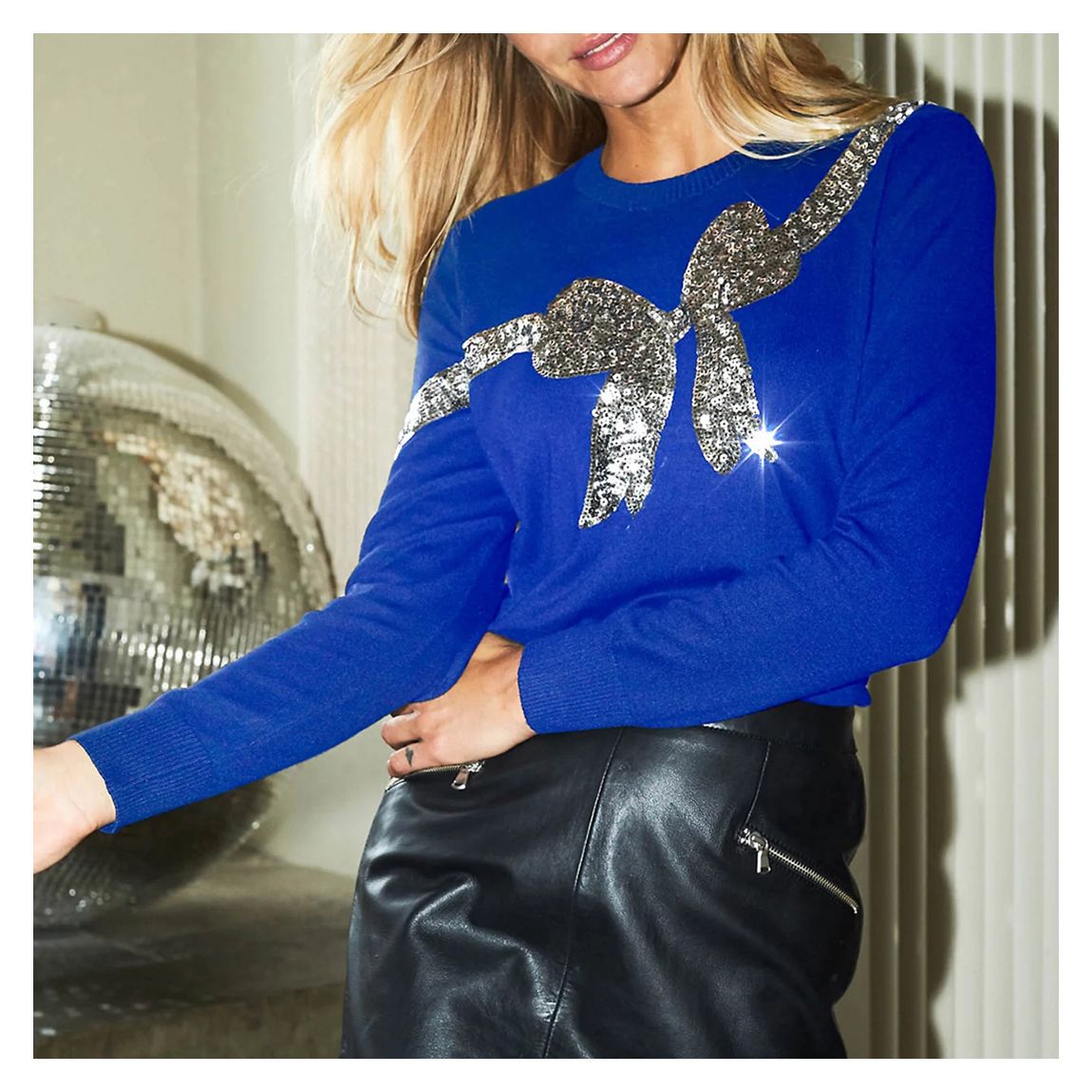Cobalt Blue Silver Sequin Bow Knit Jumper main product photo