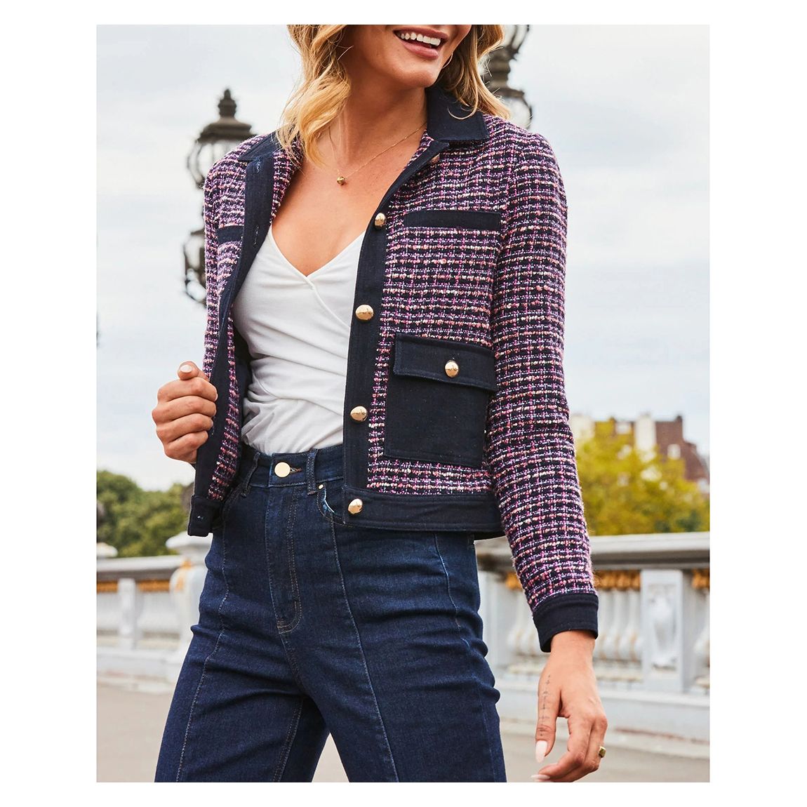 Indigo Boucle & Denim Jacket With Gold Button Detail main product photo