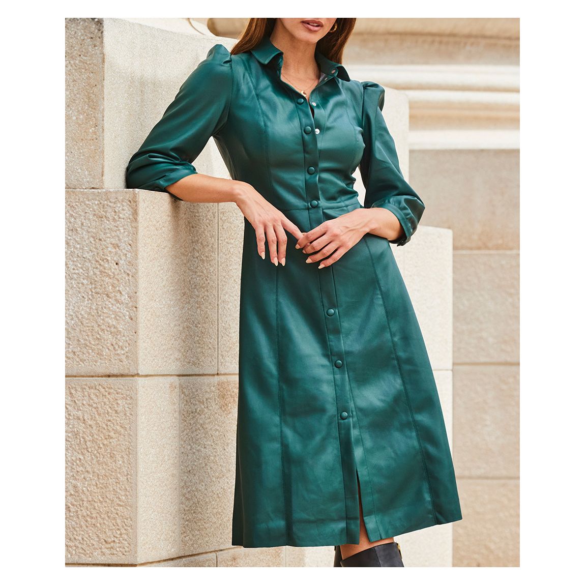 Green Faux Leather Popper Front Shirt Dress main product photo