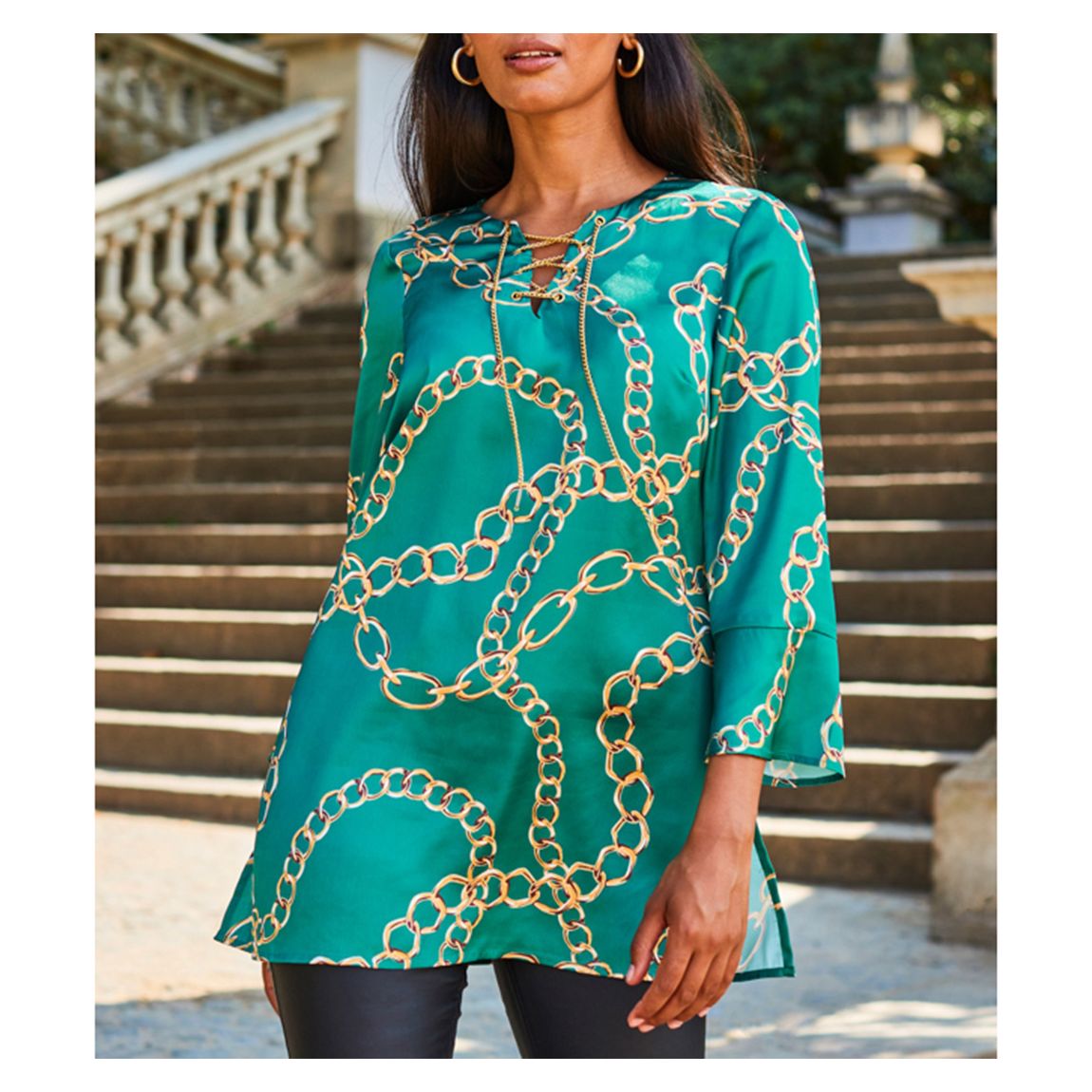 Teal Chain Print Lace Front Longline Tunic Top main product photo