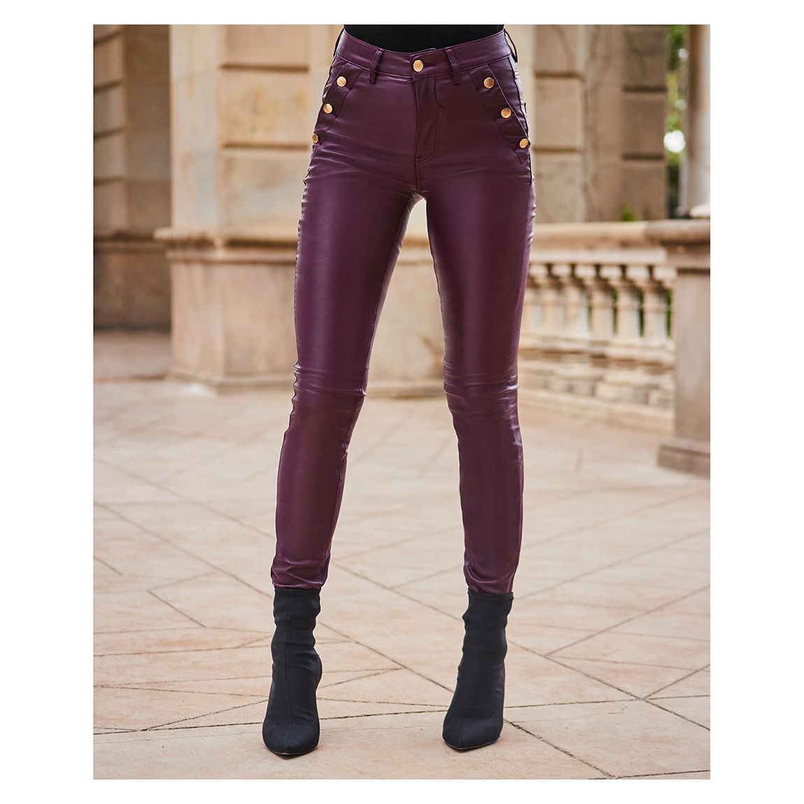 Wine Button Detail Coated Skinny Jeans main product photo