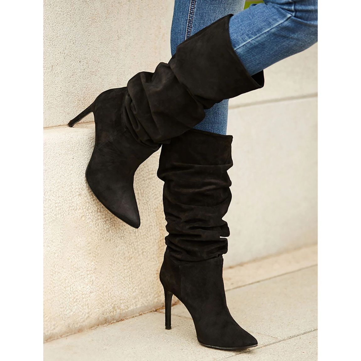 Belle Black Suede Heeled Slouch High Leg Boot main product photo