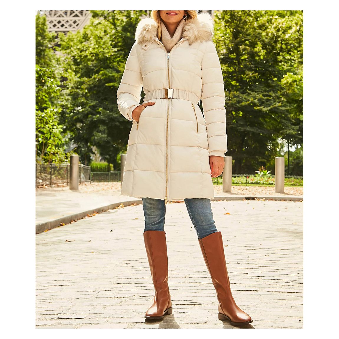 Cream Faux Fur Trim Luxe Longline Padded Coat main product photo