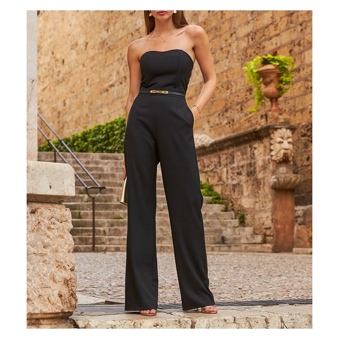 Black Premium Bandeau Wide Leg Jumpsuit With Pockets main product photo