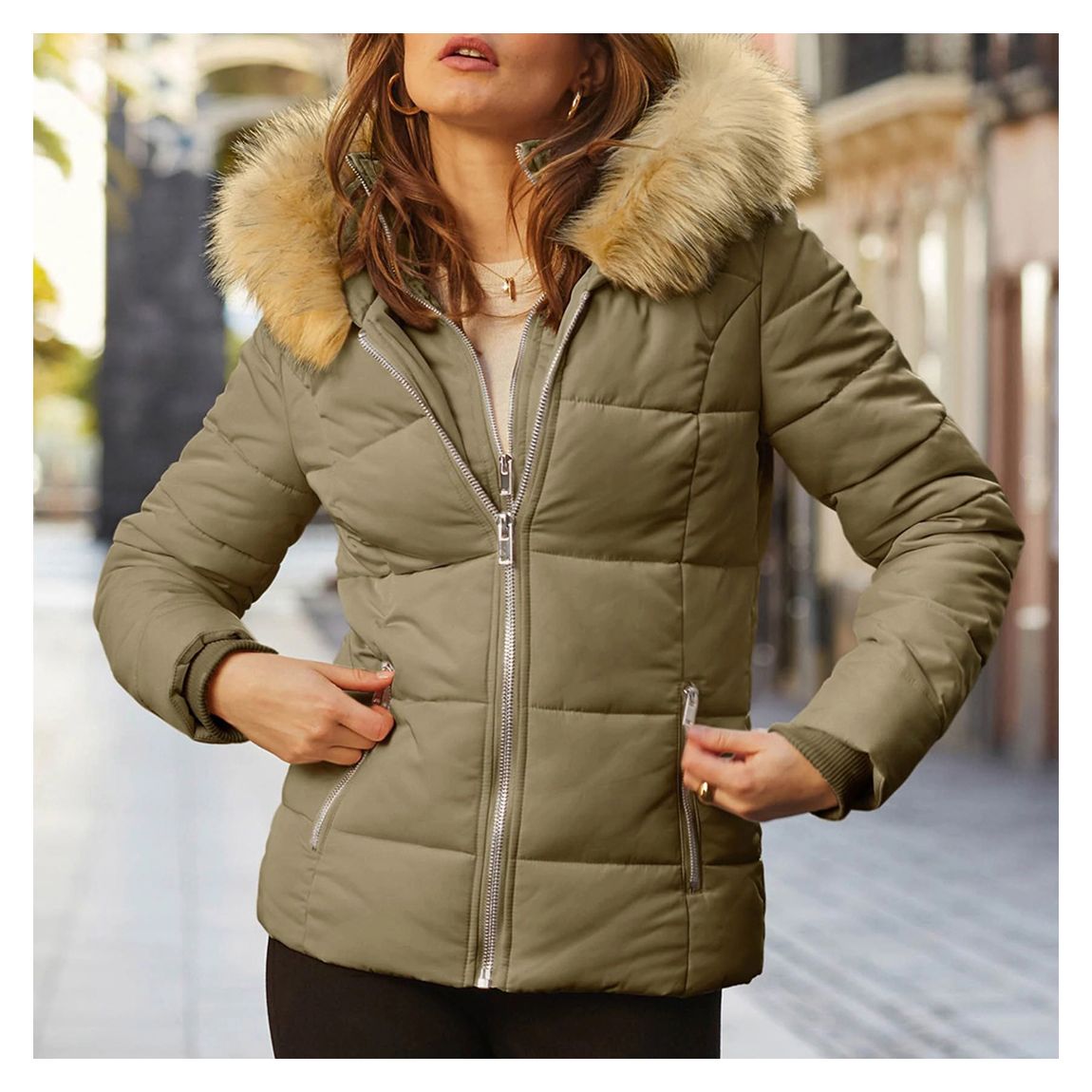 Khaki Green Faux Fur Trim Luxe Padded Coat With Silver Zip Pockets main product photo