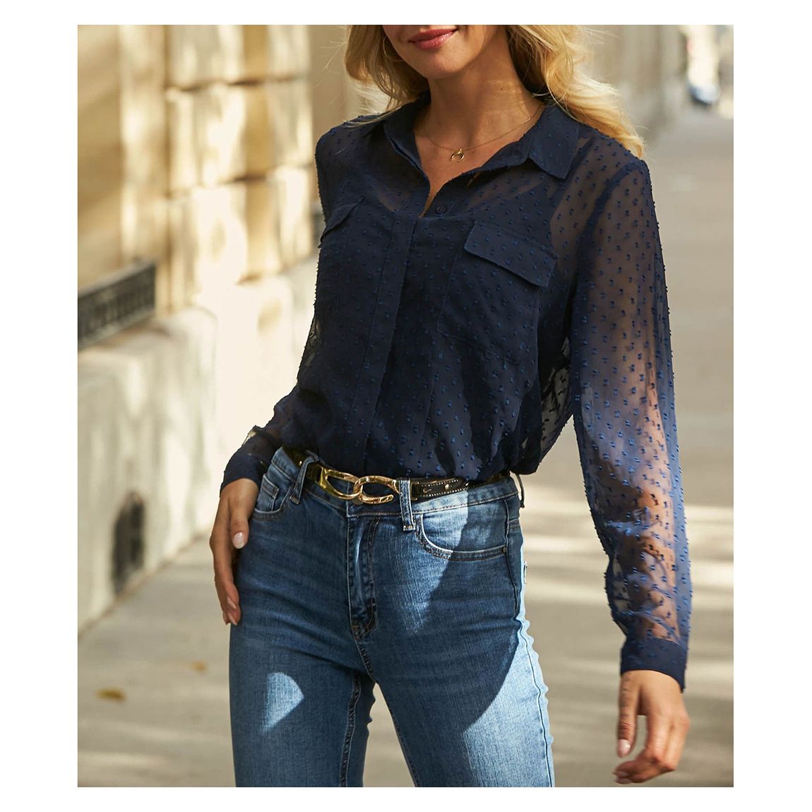 Navy Blue Dobby Spot Print Sheer Sleeve Shirt main product photo