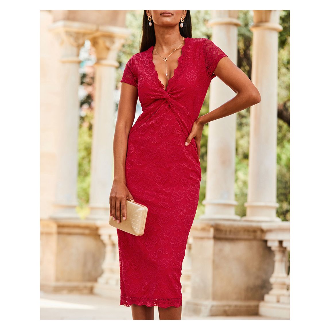 Raspberry Pink Short Sleeve Lace Jersey Dress main product photo