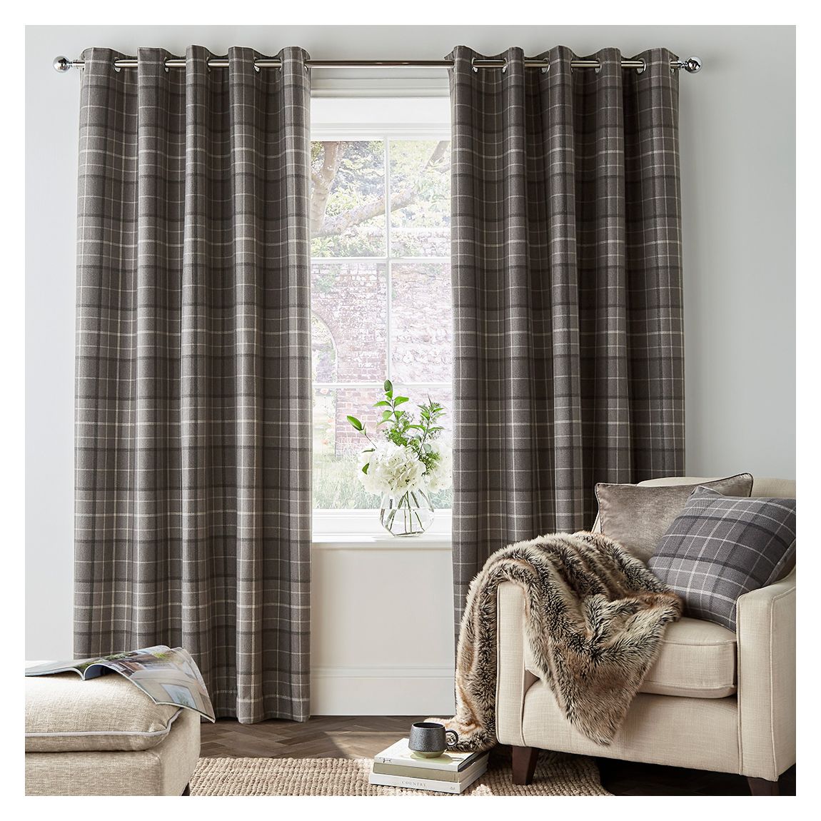 Alfriston Check 223x182cm Black Out Eyelet Curtains, Pale Charcoal main product photo