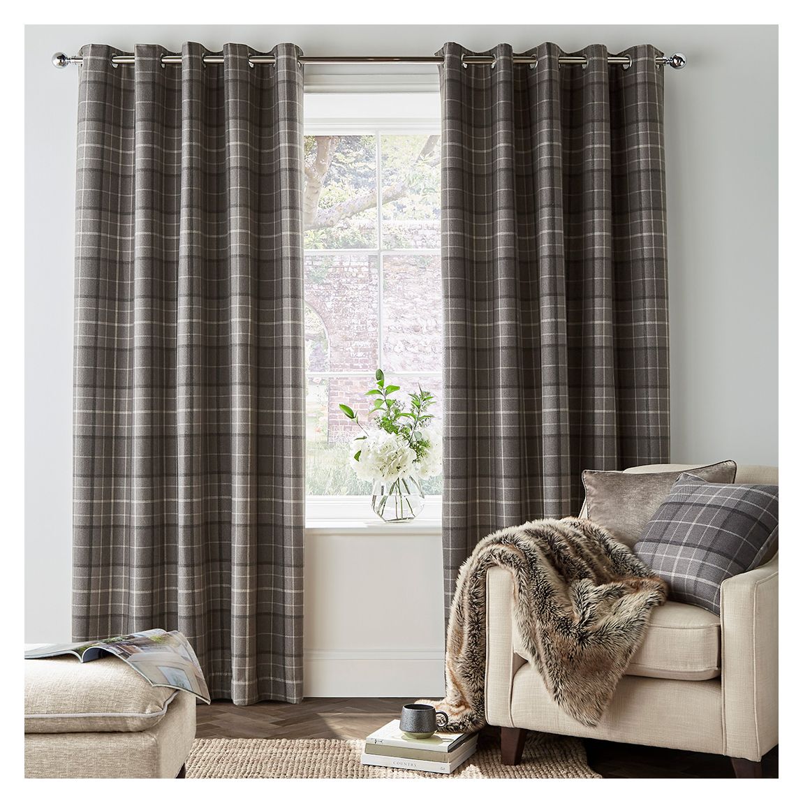 Alfriston Check 162x182cm Black Out Eyelet Curtains, Pale Charcoal main product photo