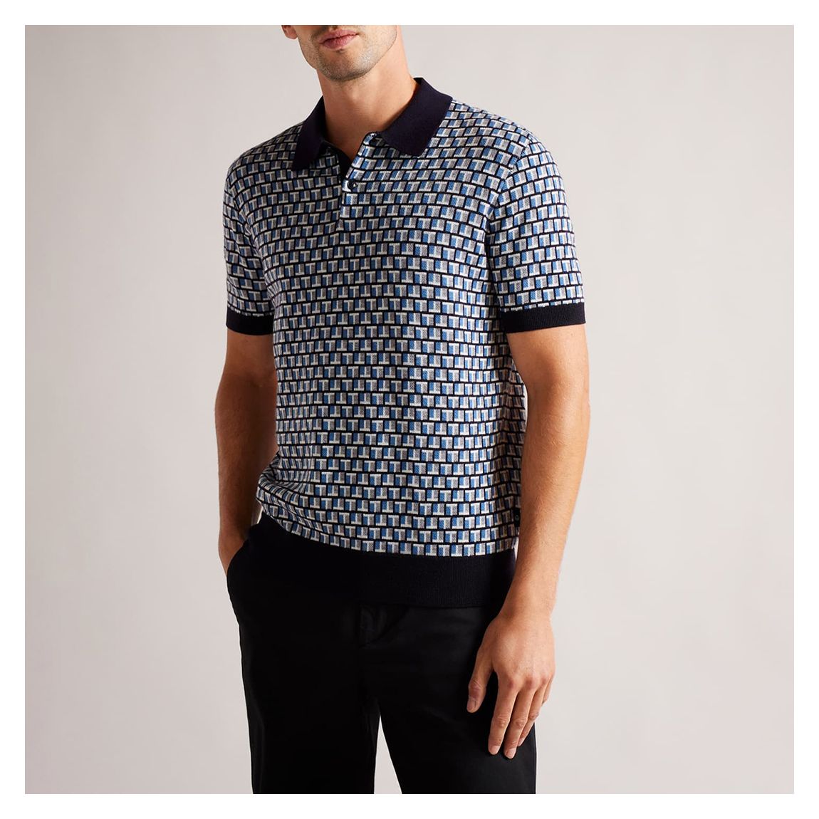 Blue Wool Blend Jacquard Knitted Polo Shirt main product photo