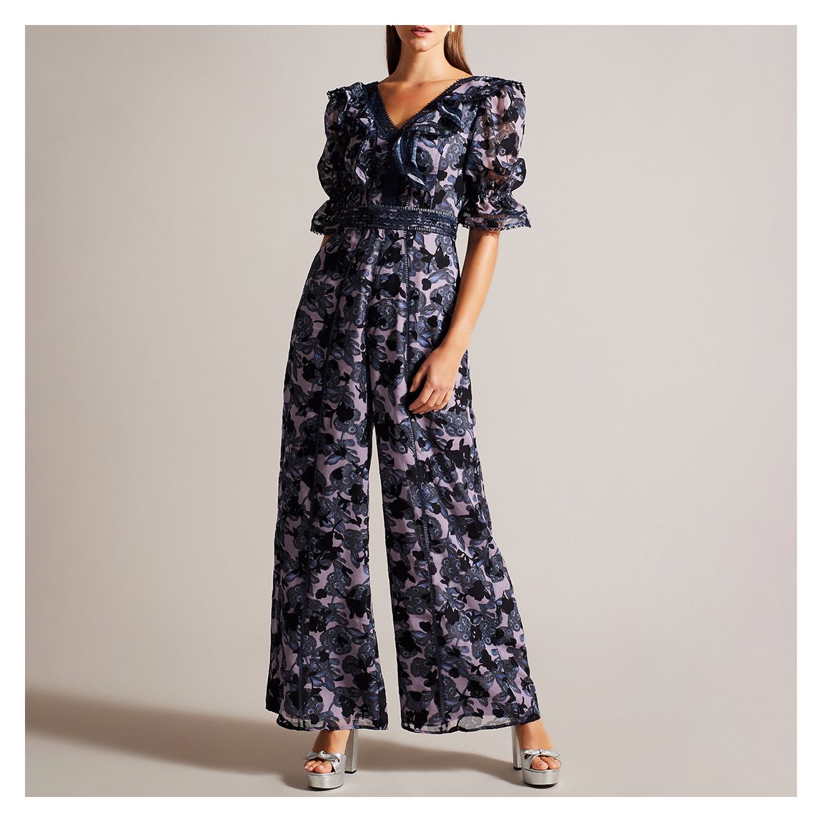 Blue Clemmi V Neck Ruffle Jumpsuit main product photo