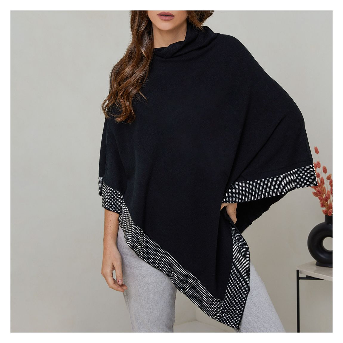 Black Cashmere Blend Poncho with Silver Trim main product photo