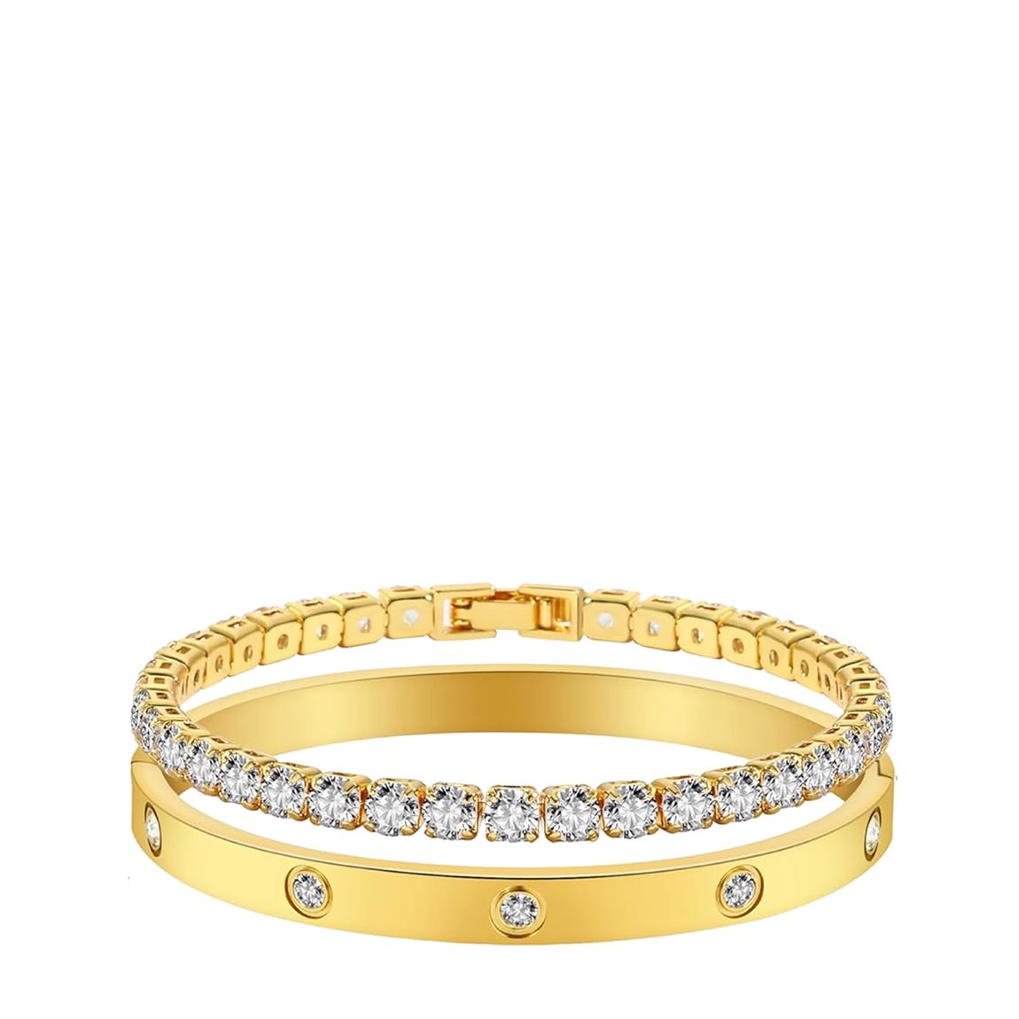 18K Gold Modern Bangle & Tennis Bracelet Set main product photo