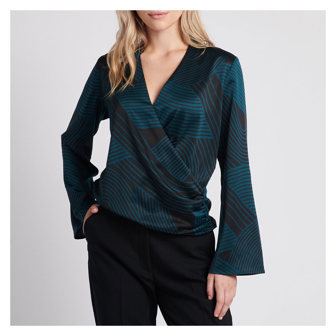 Dark Blue Printed Satin Wrap Shirt main product photo