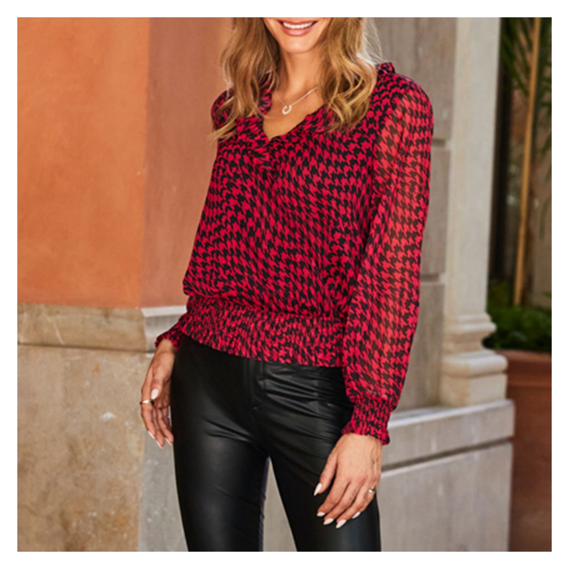 Pink & Black Dogtooth Print Frill Detail Shirred Hem Blouse main product photo