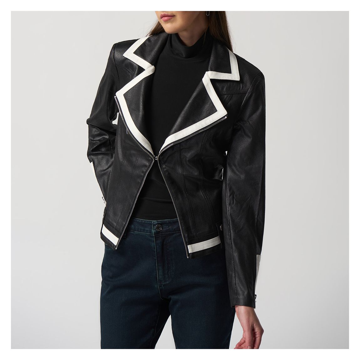 Black Faux Leather Jacket with White Tipping main product photo