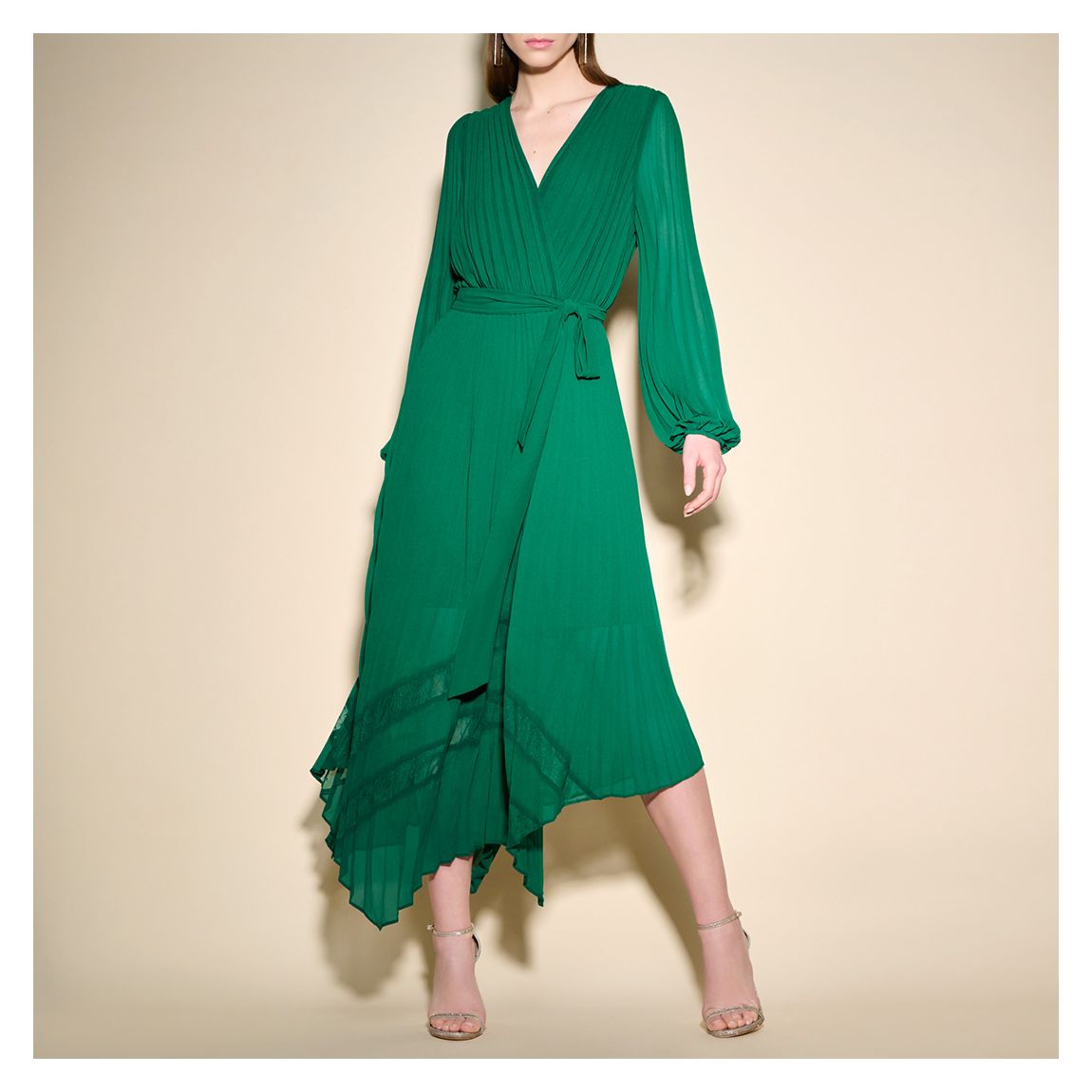 Green Long Sleeve Pleated Dress main product photo