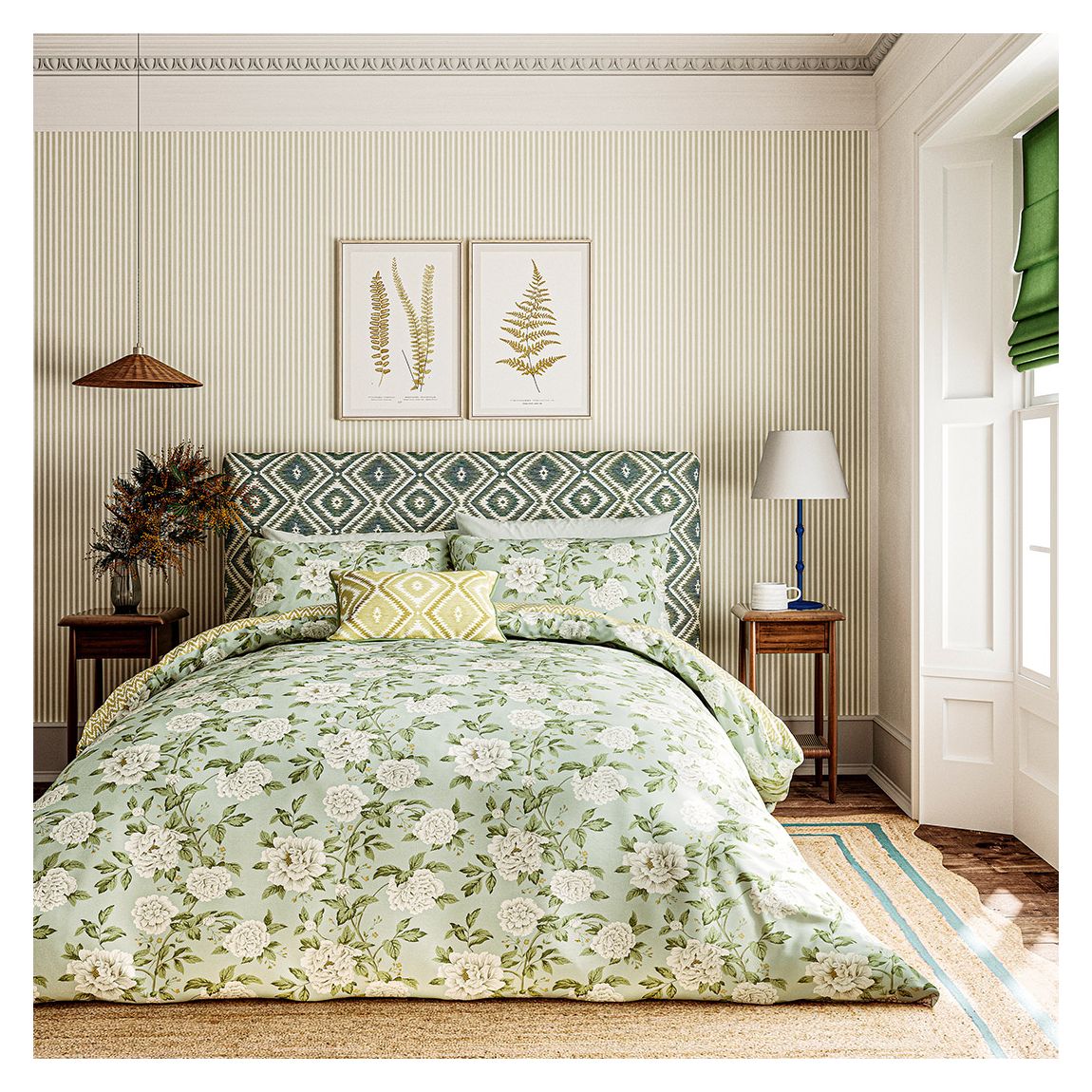 Summer Peony Super King Duvet Cover Set, Light Green main product photo