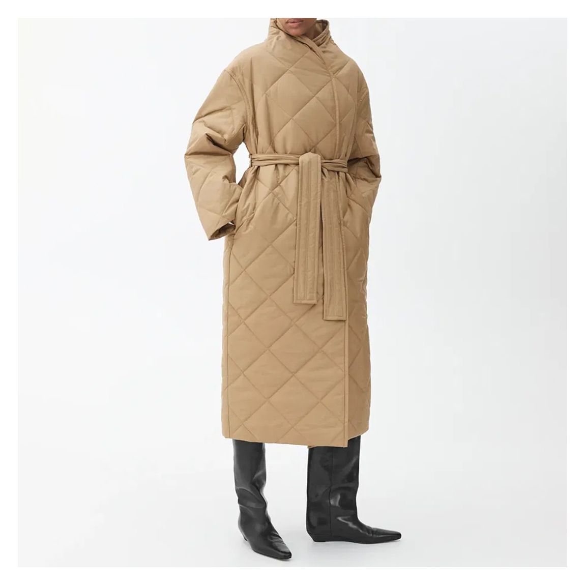 Camel Quilted Belted Long Jacket main product photo