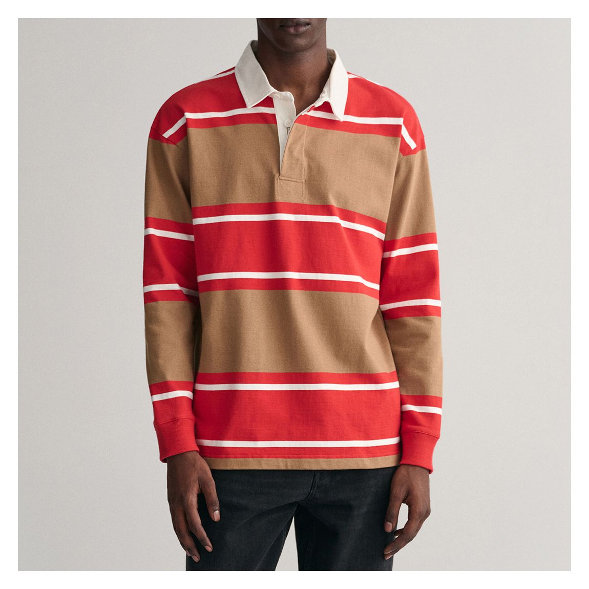 Camel/Red Striped Heavy Rugger Cotton Polo Shirt main product photo