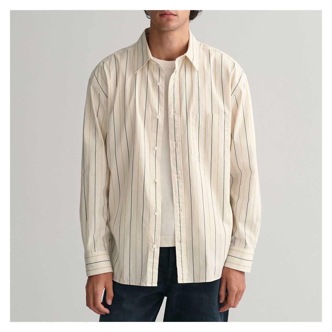 Ecru Compact Poplin Stripe Cotton Shirt main product photo