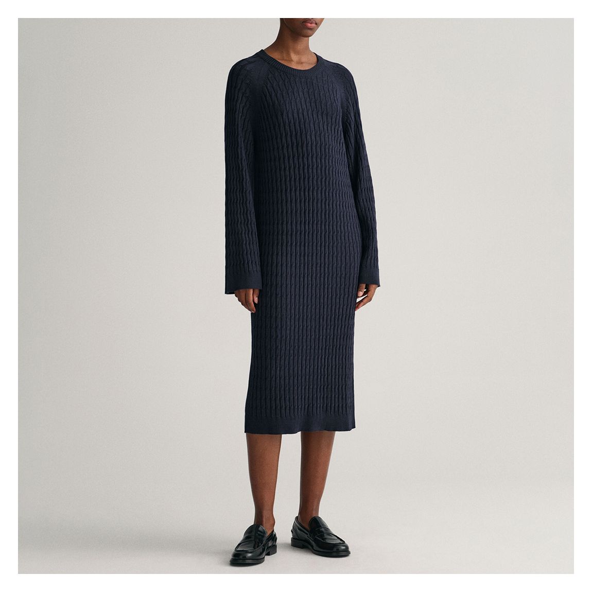 Navy Cable Knit Cotton Blend Midi Jumper Dress main product photo