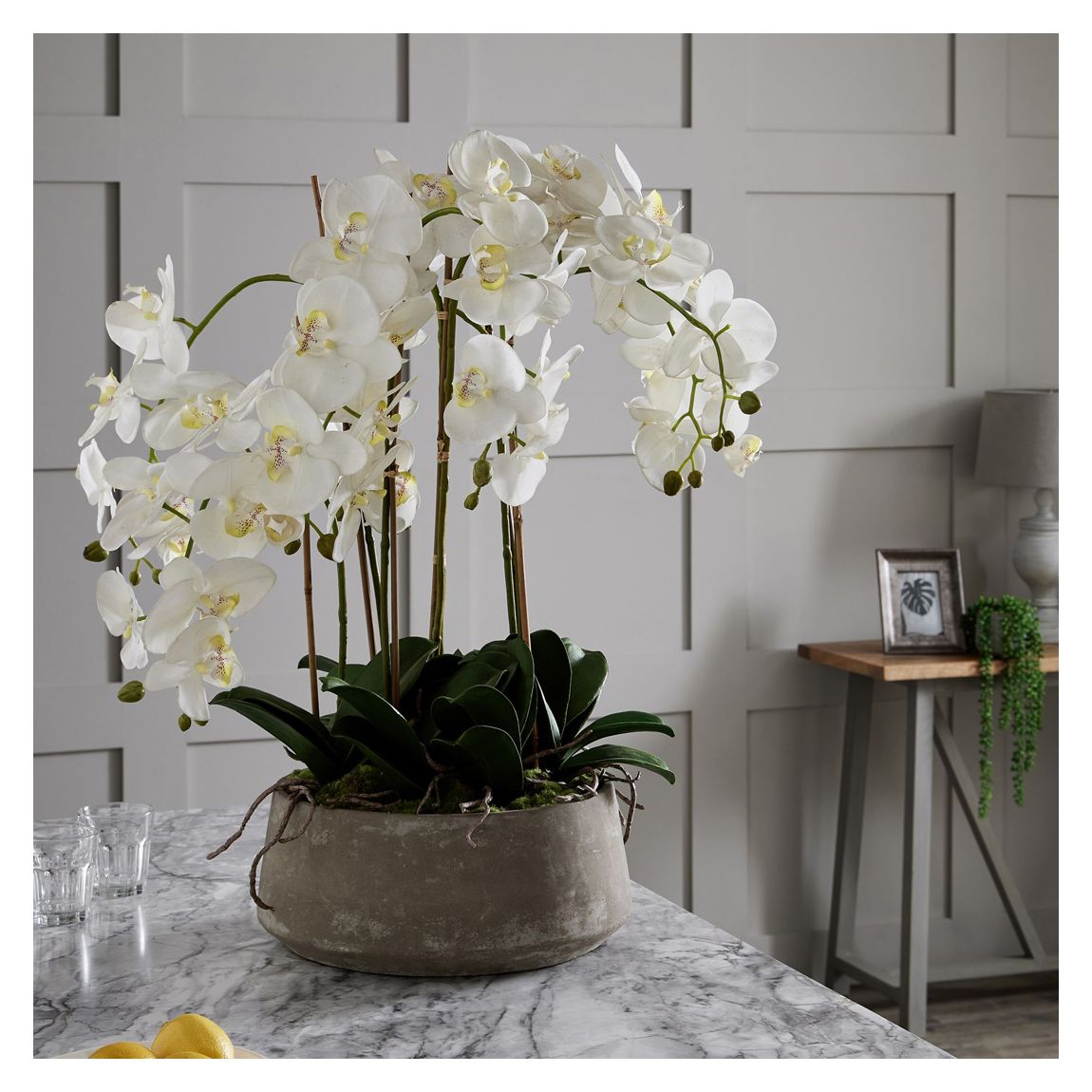 Large Faux White Orchid In Stone Pot main product photo