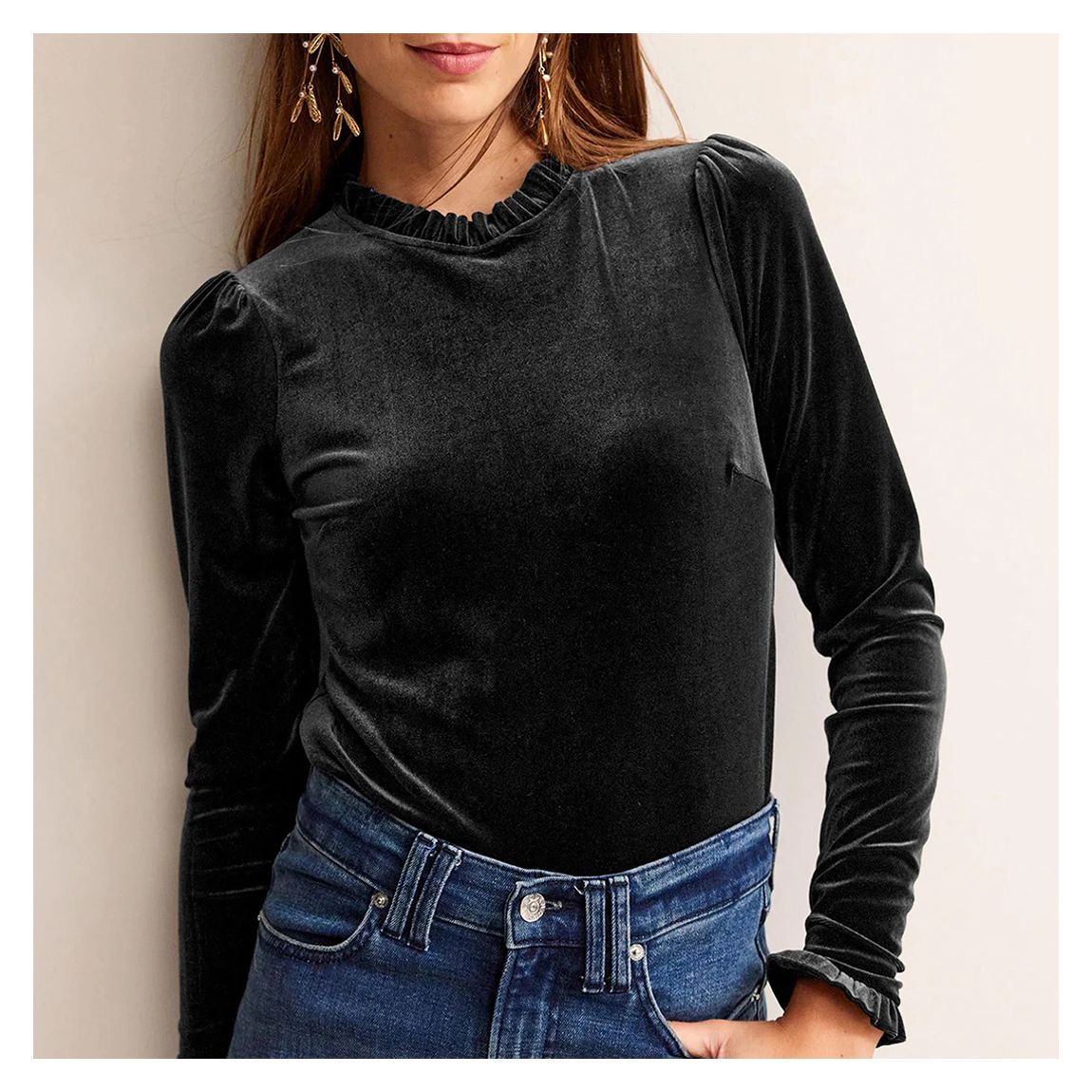 Black Velvet Frill Trim Top main product photo