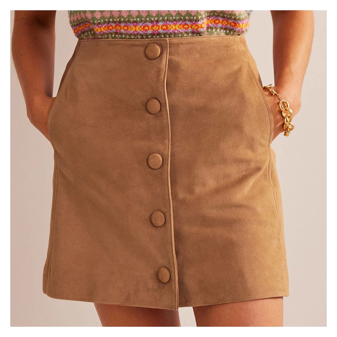 Beige Suede Leather A Line Mini Skirt main product photo