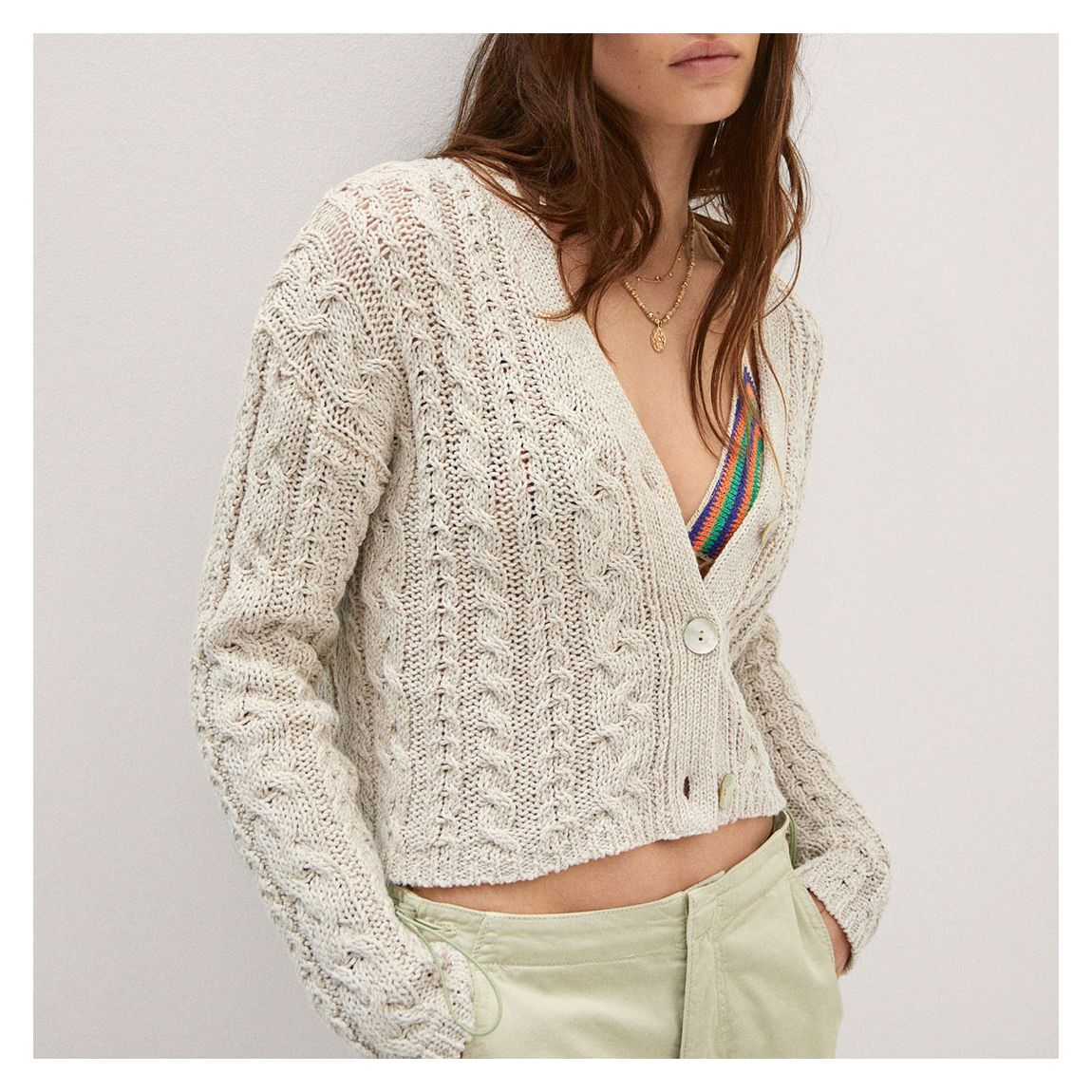 Natural Buttoned Knit Braided Cardigan main product photo