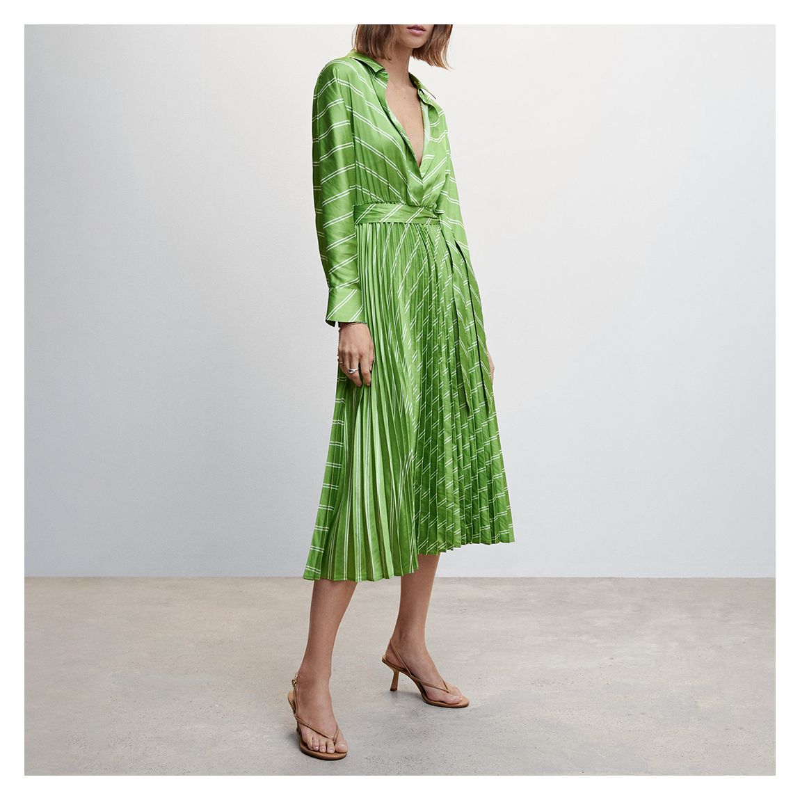 Green Pleated Satin-Effect Shirt Dress main product photo