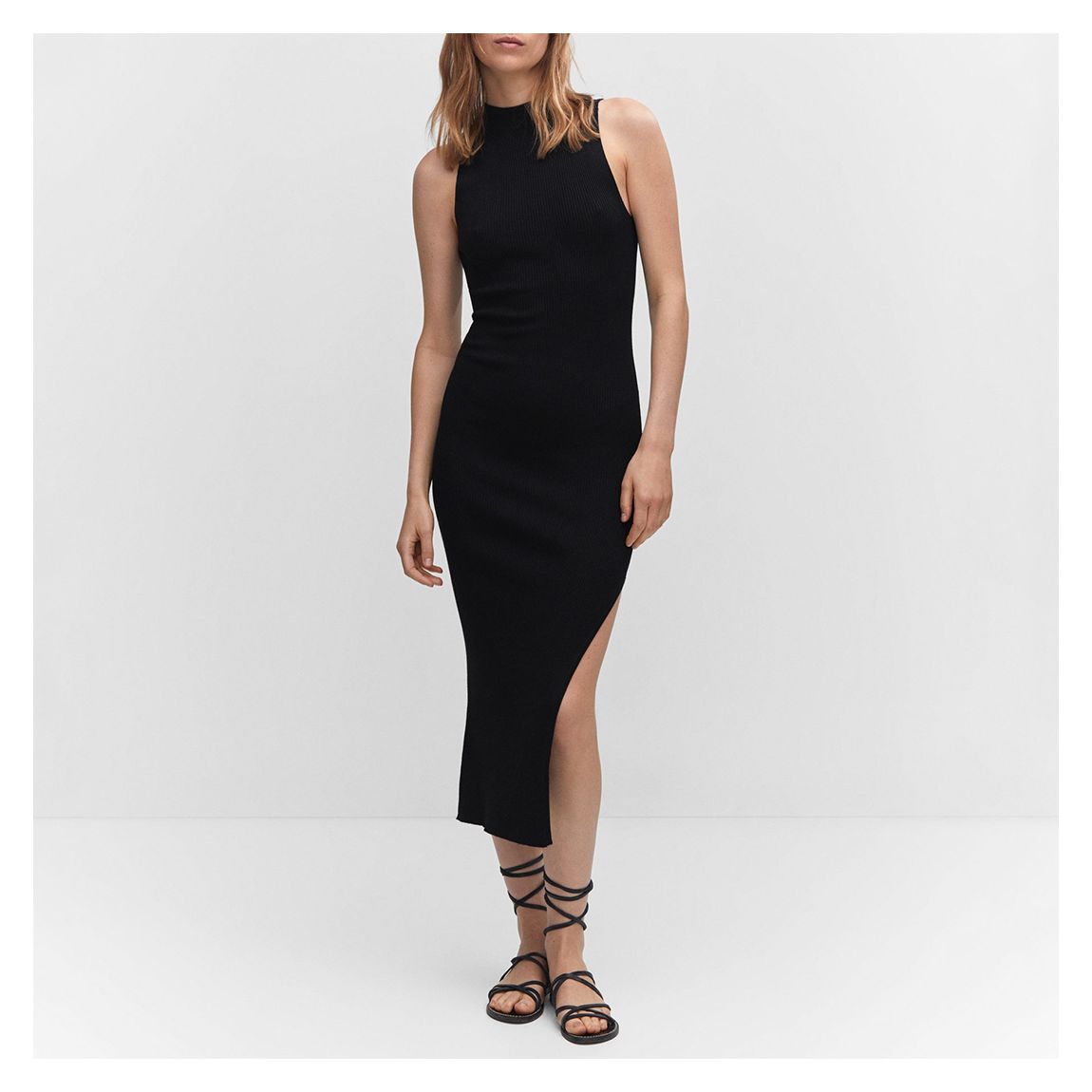 Black Ribbed Knit Dress With Opening main product photo