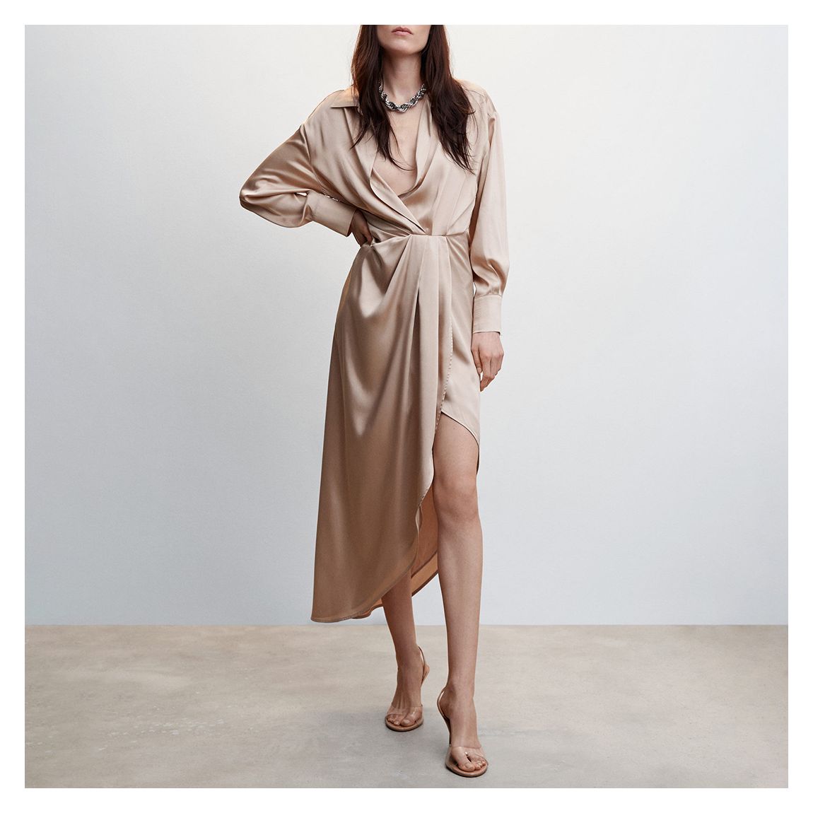 Beige Side-Slit Satin Dress main product photo
