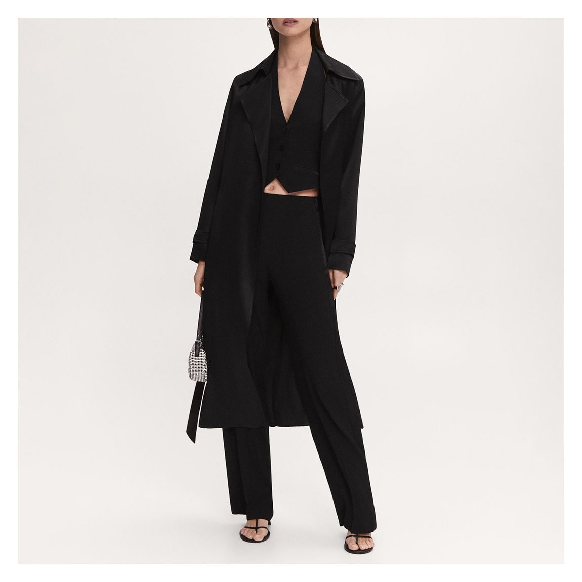 Black Satin-Effect Trench Coat With Belt main product photo