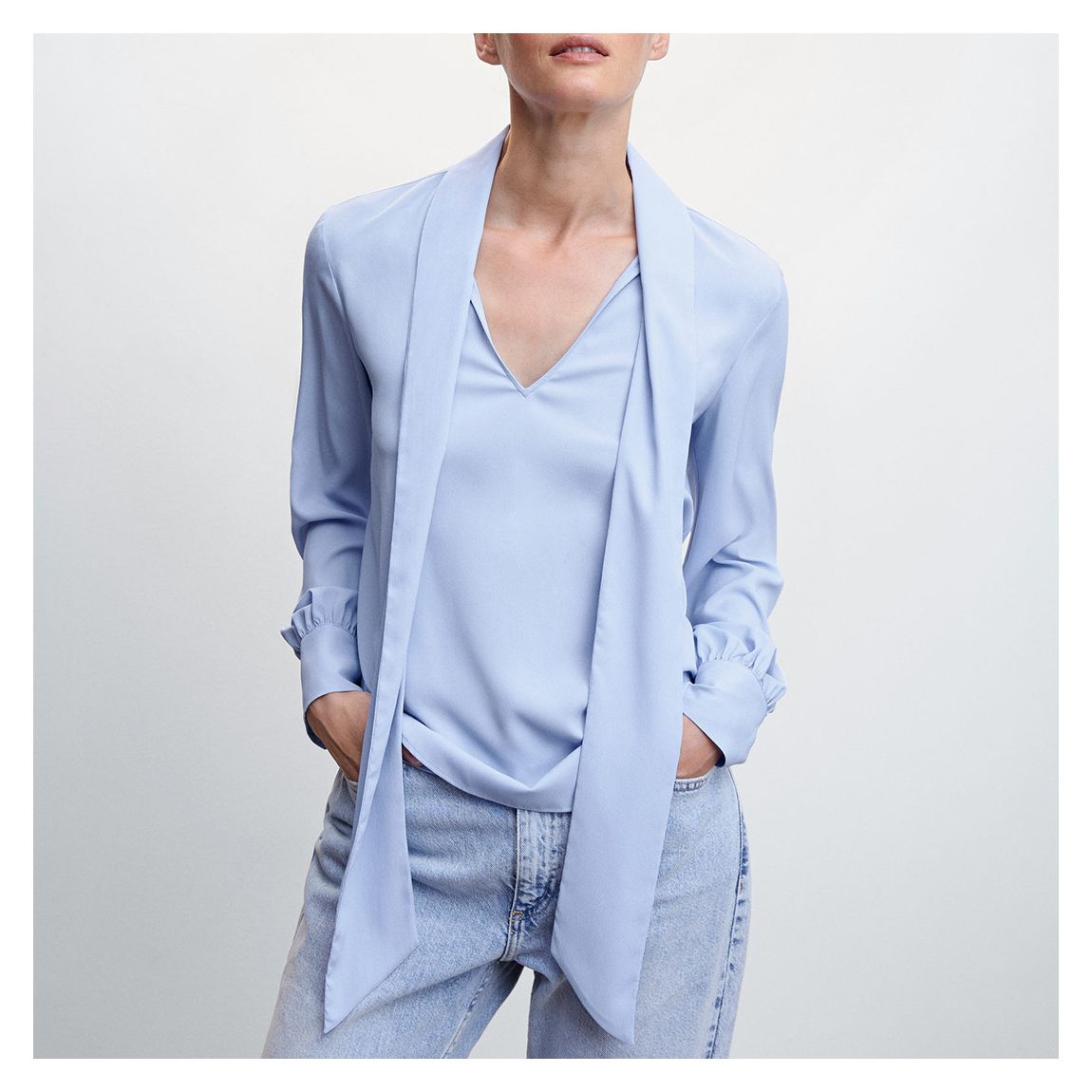 Blue Tie Neck Flowy Blouse main product photo