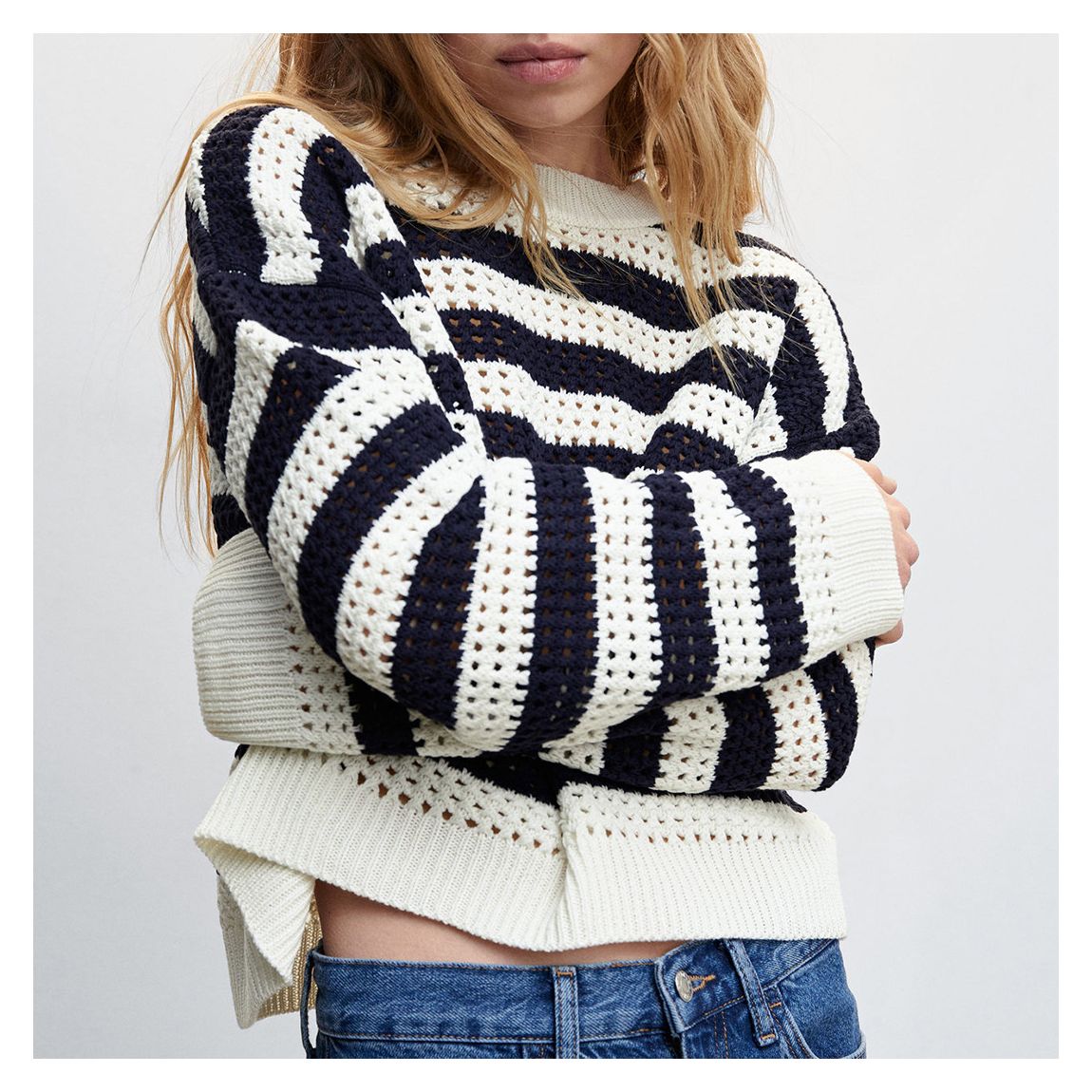 Dark Navy Striped Openwork Knit Jumper main product photo