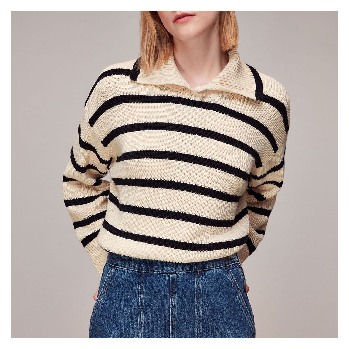Cream/Navy Ribbed Stripe Cotton Jumper main product photo