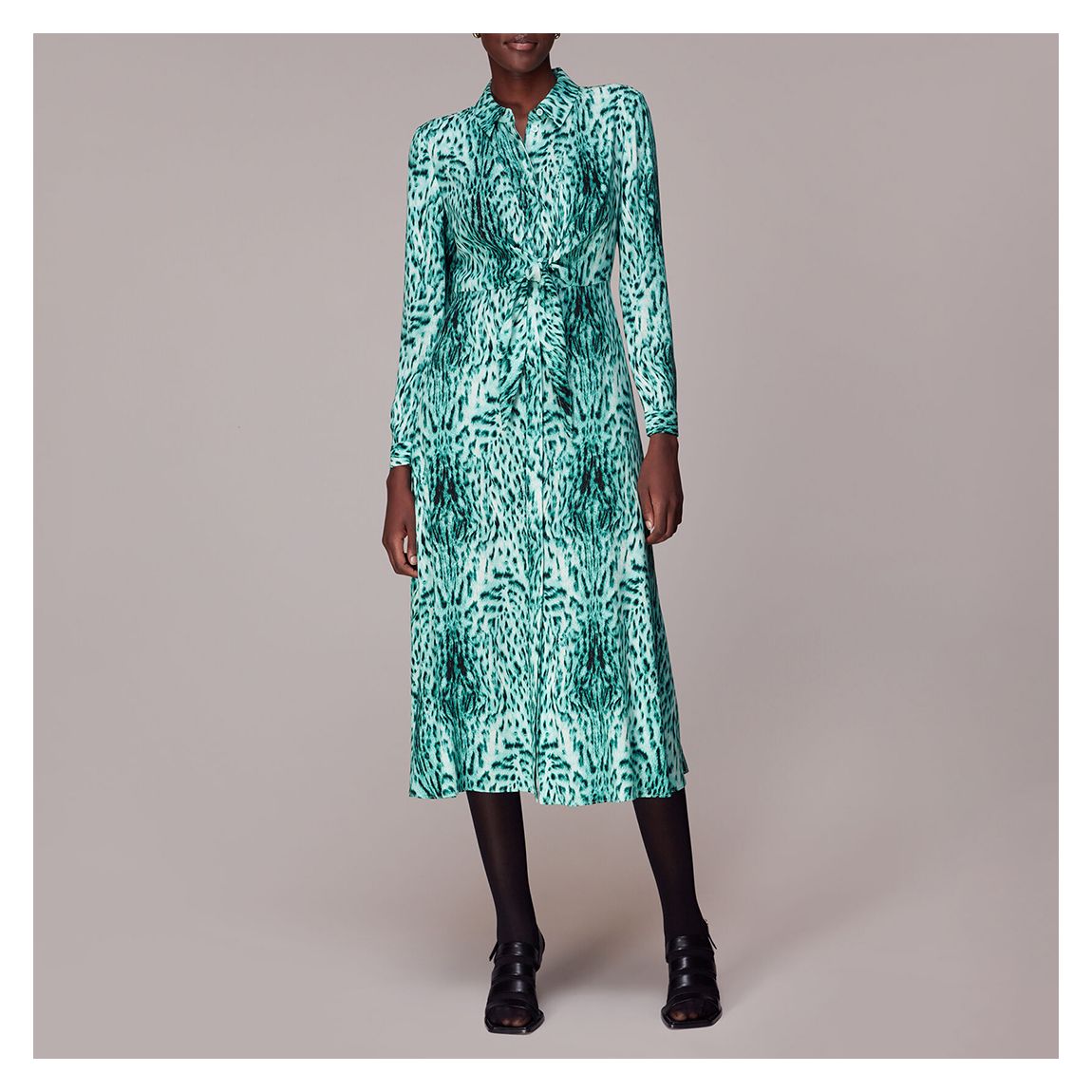 Green Brushed Leopard Tie Midi Dress main product photo