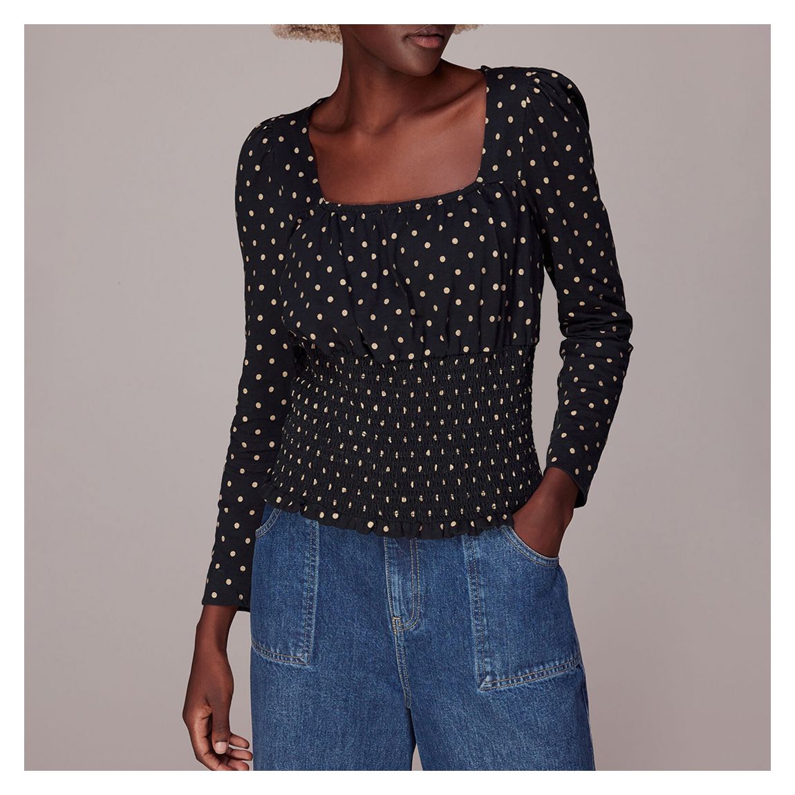 Black Spot Square Neck Shirred Cotton Top main product photo