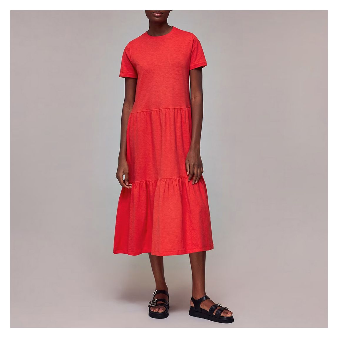 Red Tiered Jersey Midi Dress main product photo